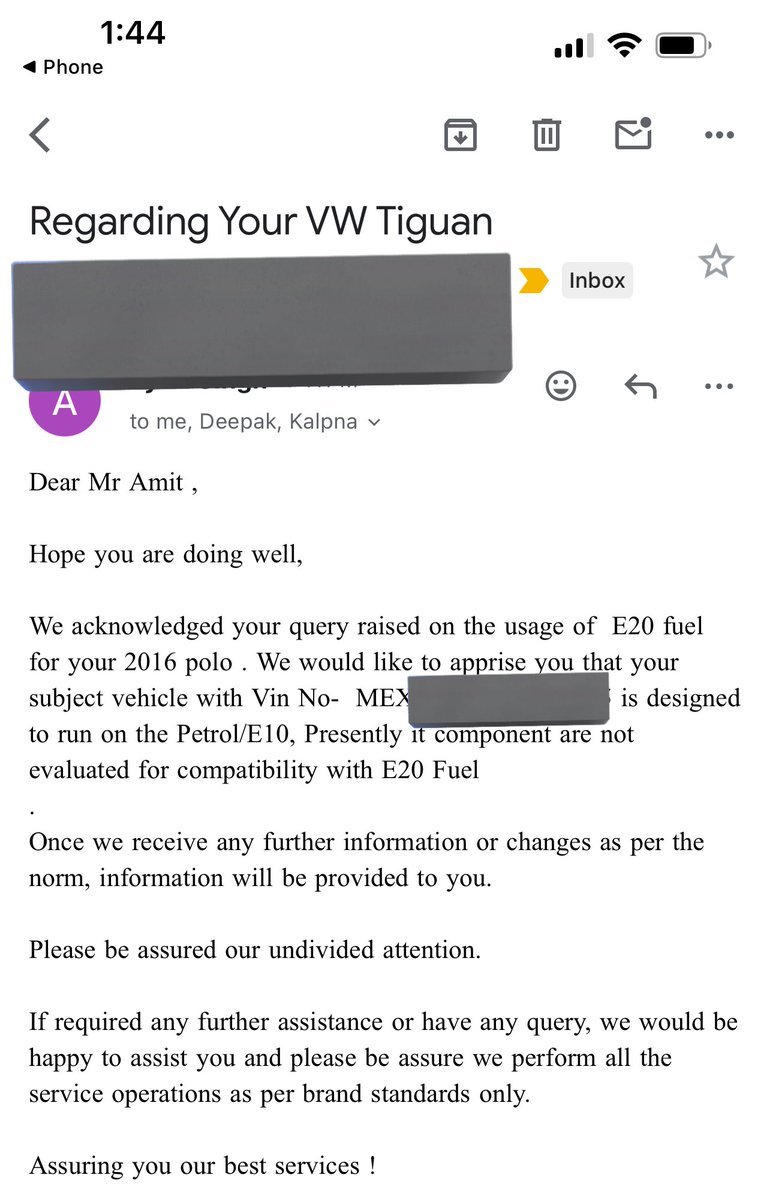 Amit (@amirladka7) on Twitter photo Hello <a href="/nitin_gadkari/">Nitin Gadkari</a> so you are eating our cars in broad daylight?!
Finally <a href="/volkswagenindia/">Volkswagen India</a> has replied and confirmed over email that my 2016 petrol car isn’t compatible with E20!!
Thank you <a href="/narendramodi/">Narendra Modi</a> ji for destroying middle class cars with ethanol !! Hello <a href="/nitin_gadkari/">Nitin Gadkari</a> so you are eating our cars in broad daylight?!
Finally <a href="/volkswagenindia/">Volkswagen India</a> has replied and confirmed over email that my 2016 petrol car isn’t compatible with E20!!
Thank you <a href="/narendramodi/">Narendra Modi</a> ji for destroying middle class cars with ethanol !!