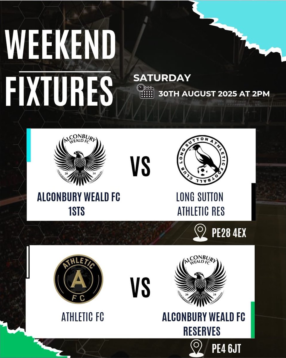 Weekends games… match alerts!

Let’s see if both teams can keep the wins going, 1sts welcome Long Sutton and the Reserves shoot over to Werrington again to face Athletic FC. Good luck lads and always, bring the noise supporters!

#breheny #redrow #stevescarsales #uptheweald