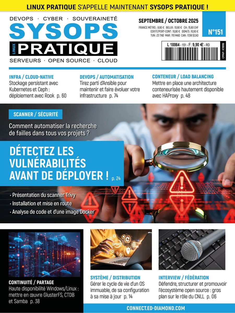 sysopspratique's tweet image. Automatisez la recherche de failles dans vos projets avec #trivy dans notre numéro de rentrée !
Rendez-vous en kiosque dans une semaine pour le découvrir.
#scanner #vulnérabilités