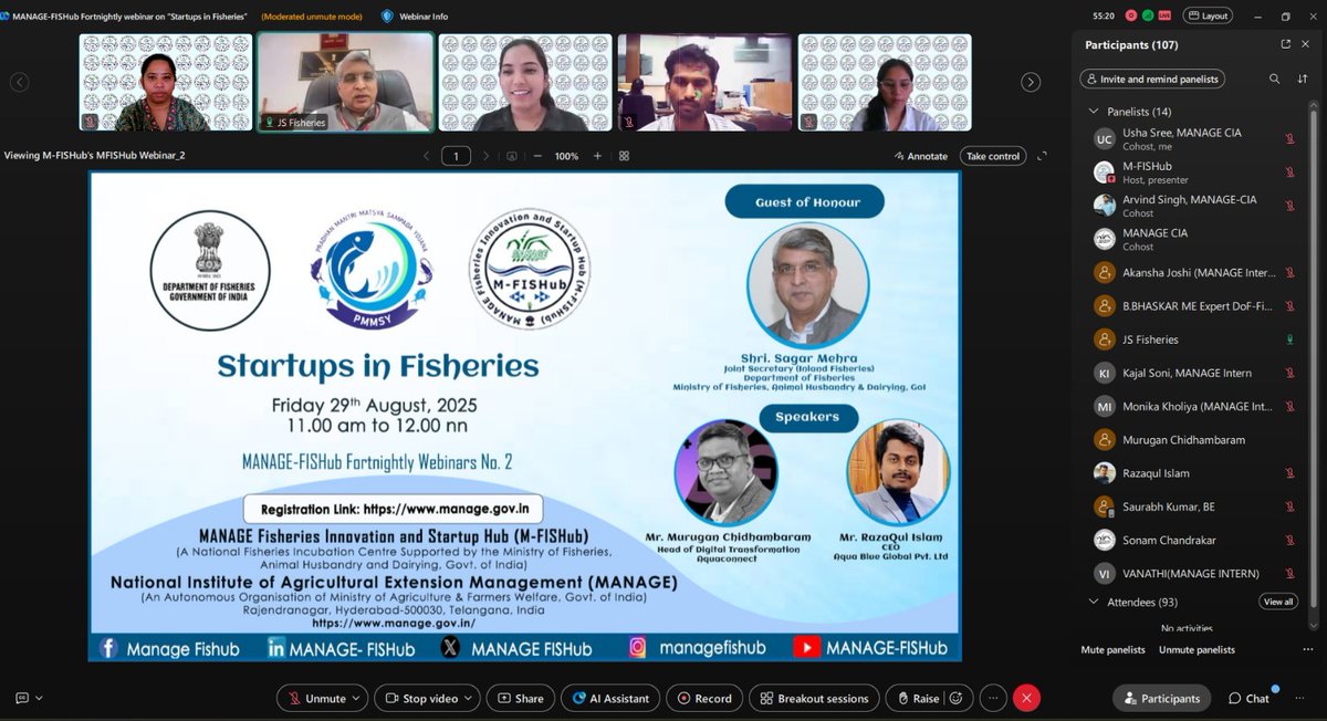 FisheriesGoI's tweet photo. Shri Sagar Mehra, @JSFisheries JS chaired the #webinar on Strengthening ‘’Startups in Fisheries” organized by MANAGE-M-FISH. More than 100 participants joined over VC. He emphasized the role of Fisheries Startups in revolutionizing India’s fisheries sector by fostering innovation, sustainability, and inclusivity and highlighted the benefits under FIDF, PMMSY, PMKSSY & DoF Fisheries Startup Grand Challenge.