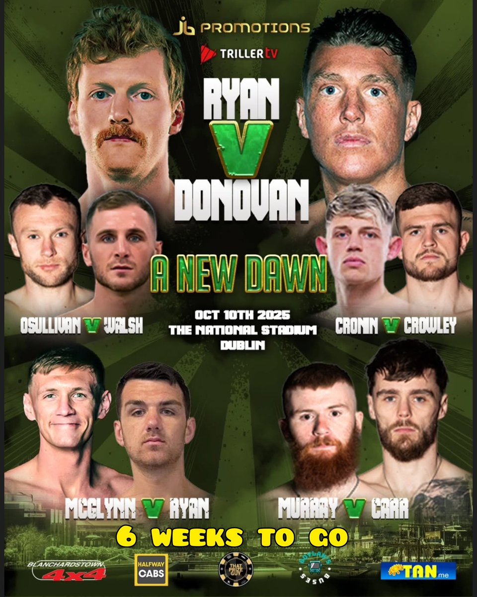 6 weeks to go

JB Promotions return to the National Stadium in Dublin for #ANEWDAWN

14 fights in total with 5 x 50-50's on the main card

Debutants and plenty of talented fighters learning their trade on the card

Very limited tickets are available from all fighters on the card