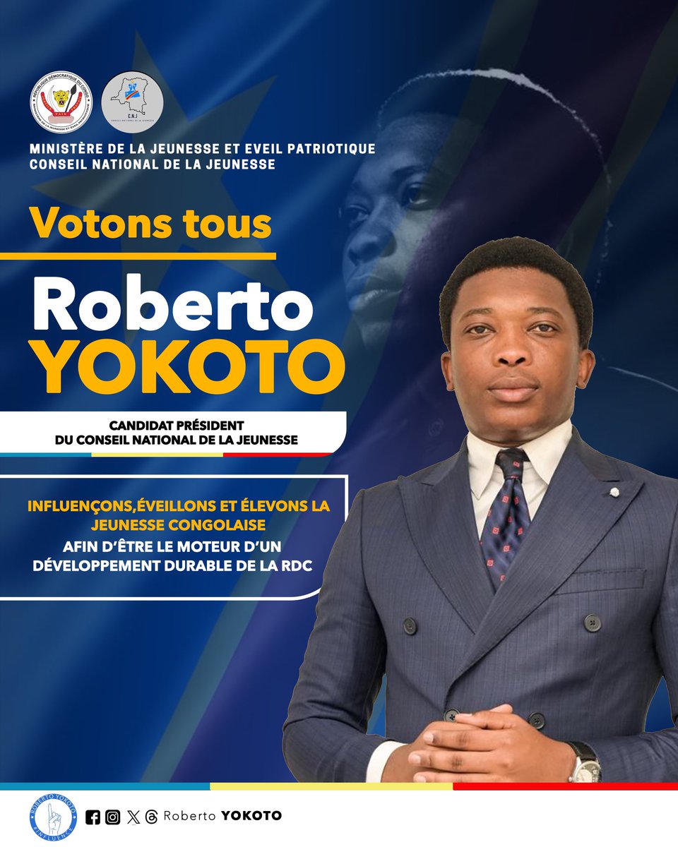 RobertoYokoto01's tweet image. CAP VERS LES ÉLECTIONS
La jeunesse congolaise a besoin d’un nouveau souffle ! Je suis Roberto YOKOTO, candidat à la présidence du Conseil National de la Jeunesse. Ensemble, influonçons, éveillons et élevons la jeunesse congolaise.