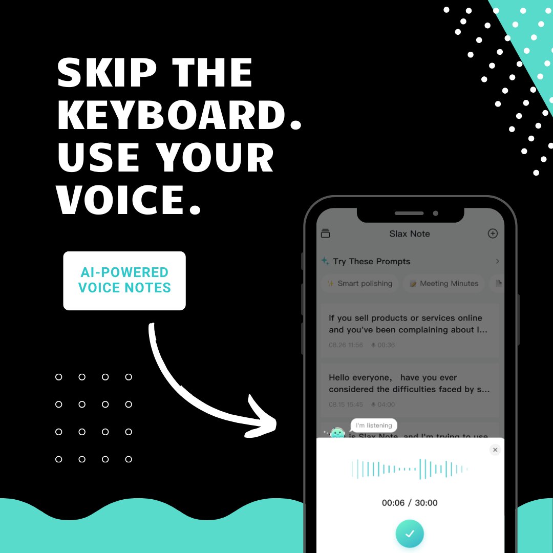 SlaxNote's tweet image. You think faster than you type, and your ideas deserve to keep that speed. 

You don’t have to fight the keyboard just to let your thoughts flow. 

You already carry the best tool with you — your voice.