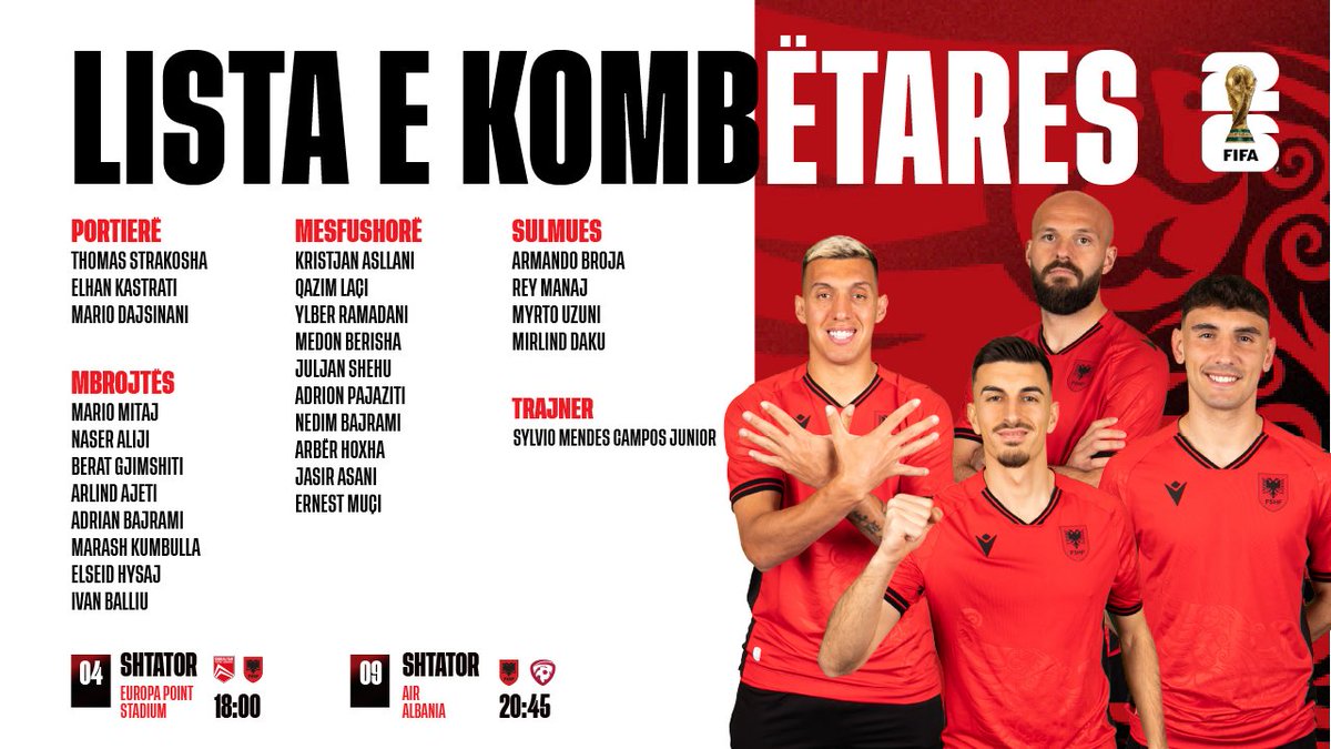 The Albanian NT list for the matches against Gibraltar and Latvia has all the usual names in it. Missing for injury are Sherri and Ismajli, the rest is Sylvinjo's choice. Funny how he keeps ignoring Shpendi and Mehmeti, while also not recalling Etrit Berisha