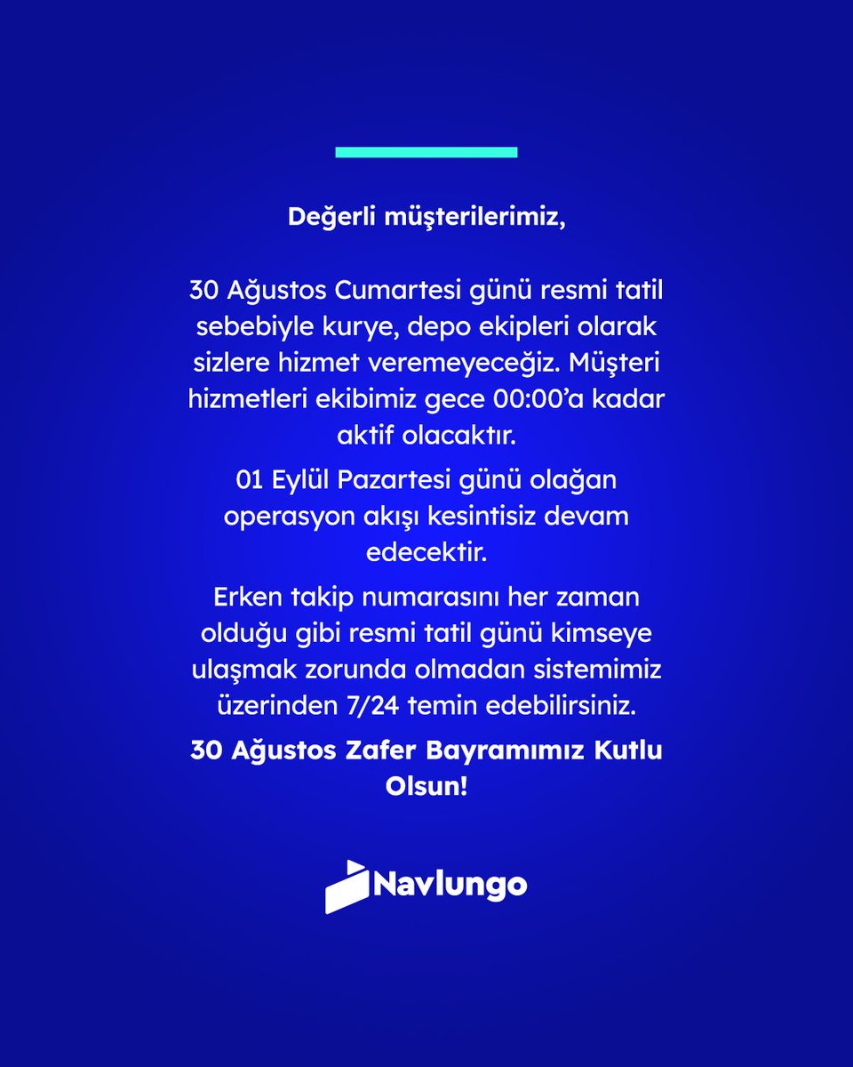 30 Ağustos Zafer Bayramı Çalışma Saatleri Hakkında Bilgilendirme!

Operasyonel süreçlerinizde aksaklık yaşamamak adına planlamalarınızı bu yönde yapmanızı tavsiye ederiz.