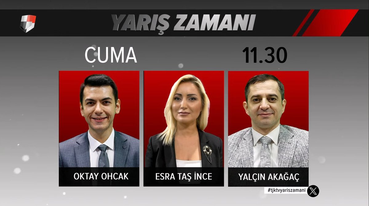 🏇 Yarış Zamanı
⏰ 11:30
📺 TJK TV
💻📱 TJK TV YouTube Kanalı
🎙 <a href="/Esrainceee1/">Esra Taş İnce</a>
🗣️ <a href="/oktayohcak/">Oktay Ohcak</a>
🗣️ <a href="/AkagacYalcin/">Yalçın AKAĞAÇ</a>