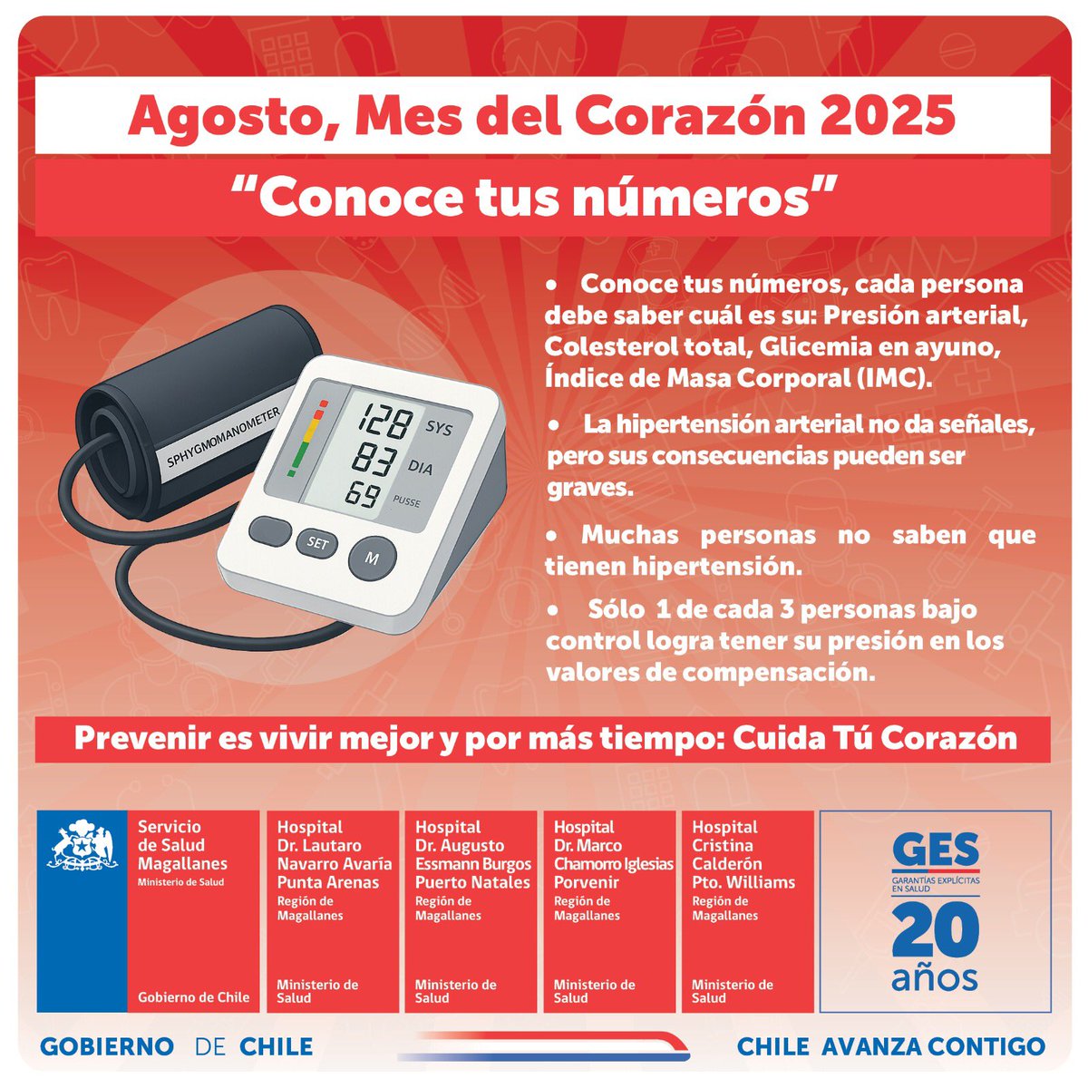 🔴#MesDelCorazón Buenos días #Magallanes 🇨🇱 En agosto y todo el año, cuida tu corazón y conoce tus números para un mayor autocuidado; no dejes pasar nuestro mensaje, recuerda que la prevención es fundamental y tú eres protagonista de tu salud #MagallanesCuidaSu❤️ <a href="/SeremiSalud_XII/">SEREMI de Salud Magallanes</a>