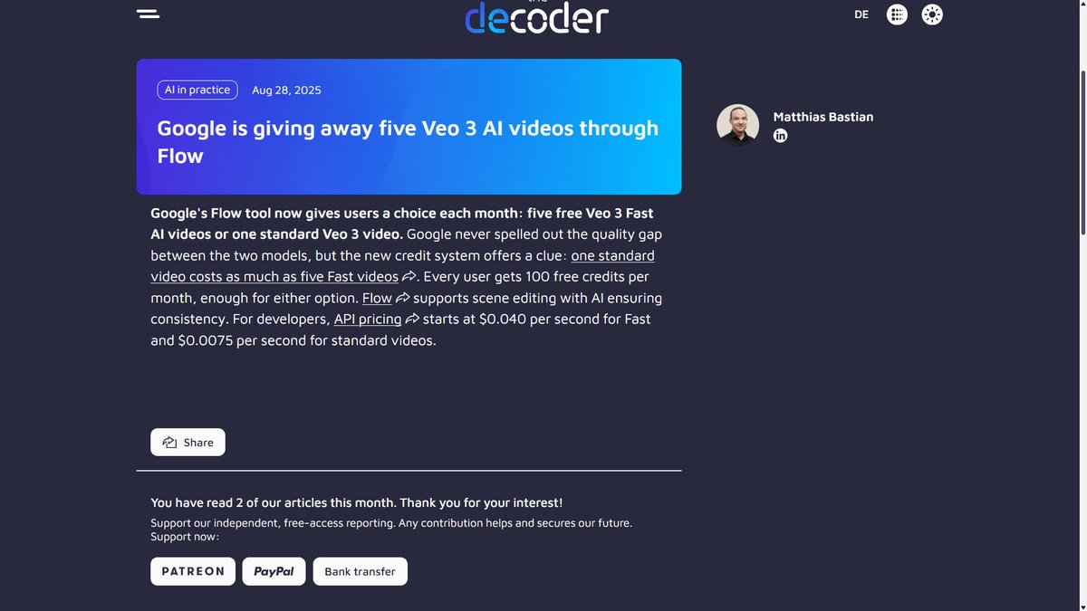 MisterIshaan's tweet image. Google Flow now gives you 100 free credits/month 🎬

🔹 Pick 5 Veo 3 Fast AI videos or 1 standard Veo 3 video 🔹 Scene editing + API access included

So what are you going to create?

#Veo3 #GoogleFlow