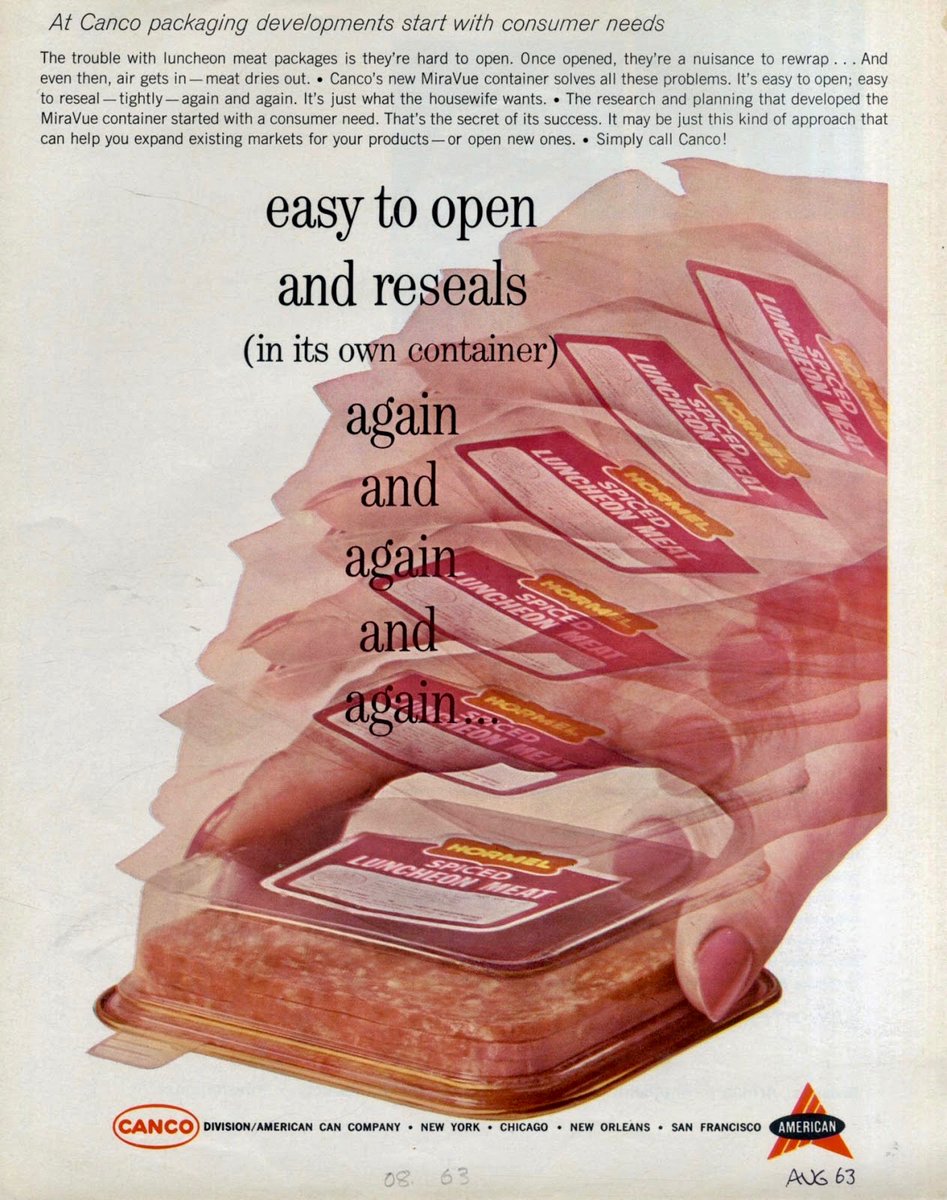 LRonLacy's tweet photo. In #AUGUST 1963
‘easy to open and reseals (in its own container) again and again and again...’
Canco Packaging. August 1963.
#graphicdesign #plastics #packaging #lunchmeat #coldcuts #Canco #AmericanCanCompany https://t.co/i4hX3wT5NG