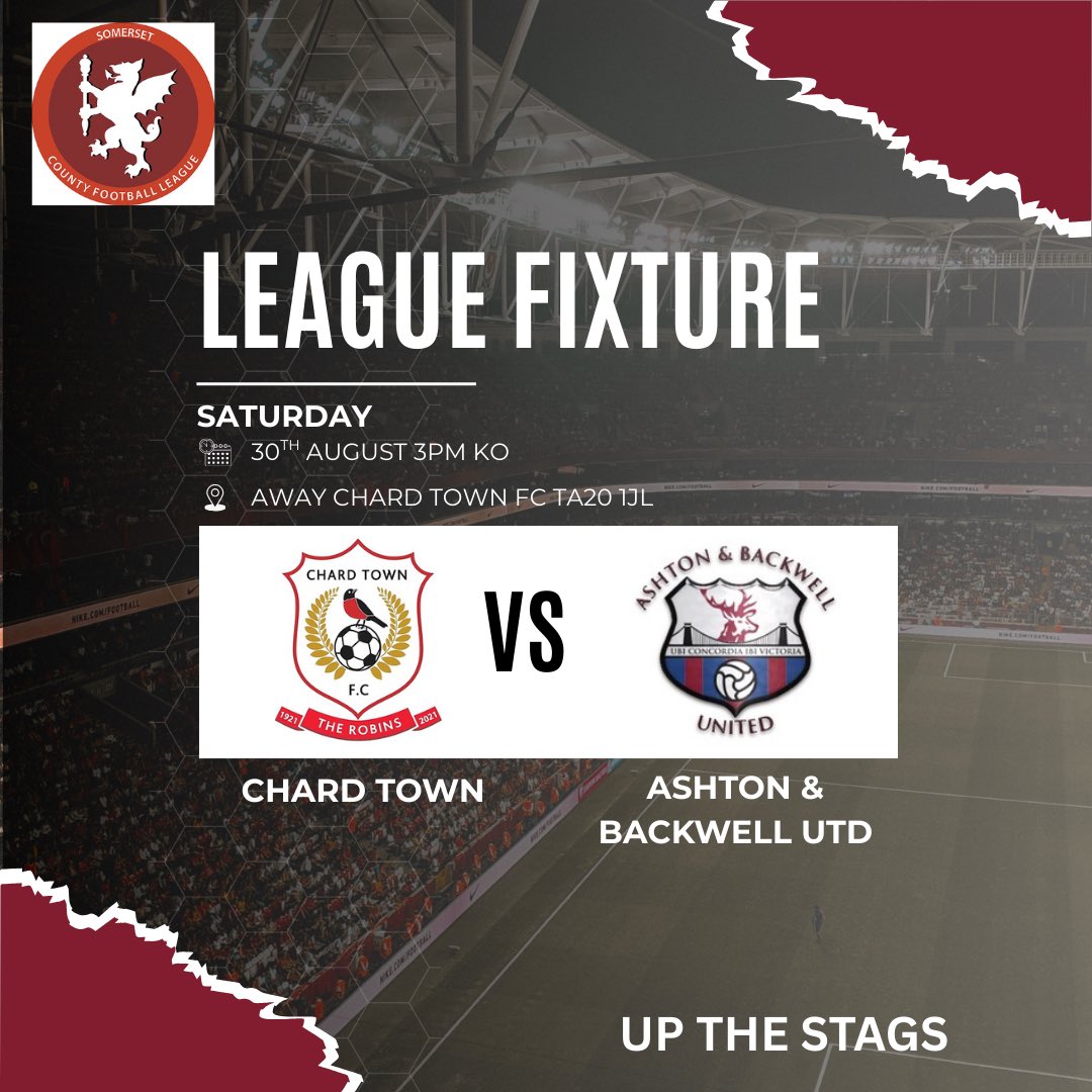 📅 Matchday 7
⚽ <a href="/ChardTownFC/">Chard Town FC</a> vs The Stags 
🏟️Away TA20 1JL
🕒 Saturday 30th August 3PM KO
  
Trip down the motorway Saturday where we look to keep the good form going. 

Support always welcome 💪🏻

#UpTheStags | #ABUFC | #NonLeagueFootball 🦌🦌