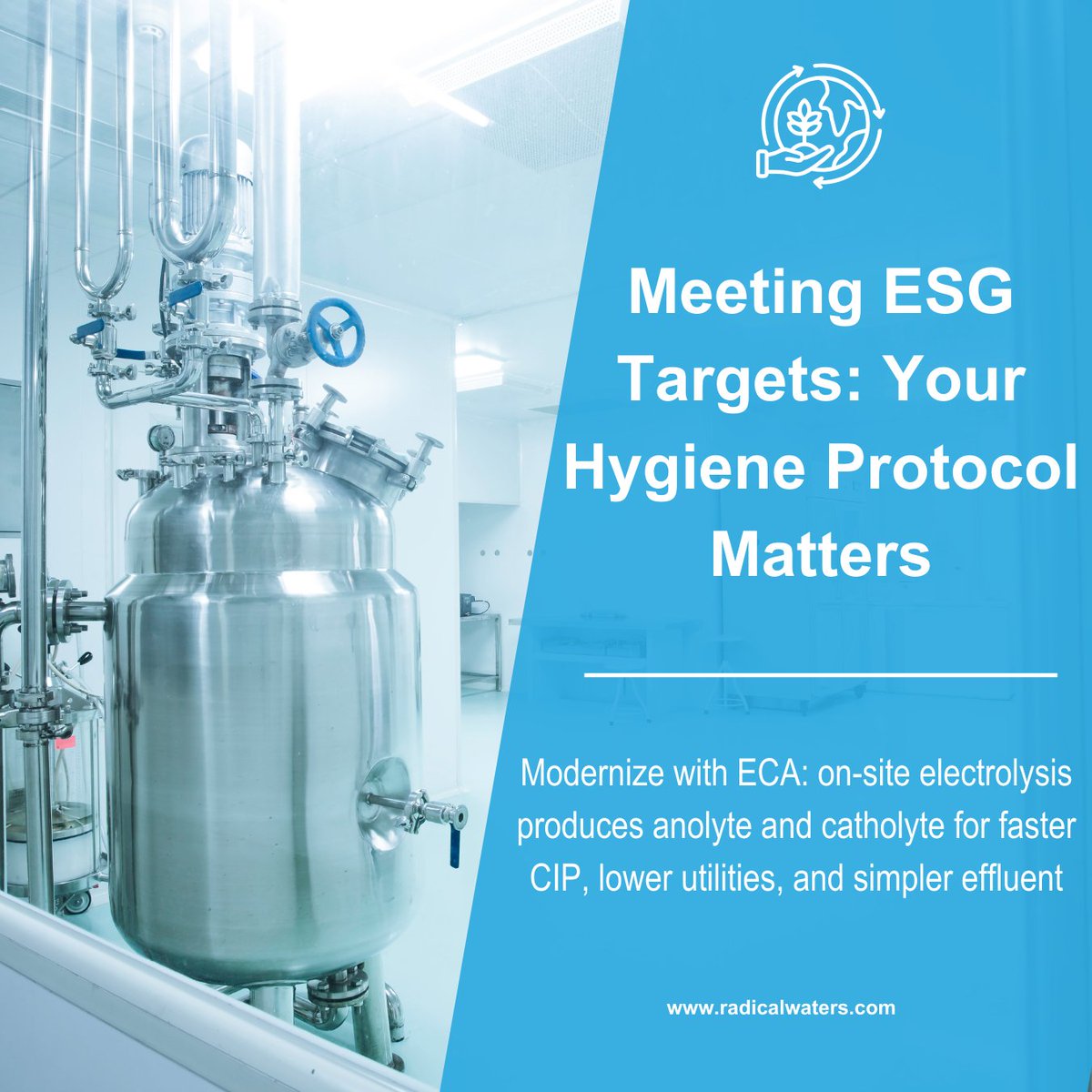 Meeting ESG targets starts on the hygiene line. Swap heat and chemical-heavy CIP for ECA: on-site anolyte + catholyte for faster cycles, less water and energy, and cleaner effluent.
#ESG #ECA #CIP #FoodSafety