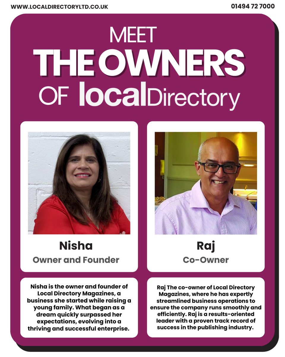 localdirectory2's tweet image. 👋 Meet the faces behind Local Directory!  

Nisha, our passionate Founder, turned her vision into a thriving business.  

Raj, our Co-Owner, keeps everything running smoothly with his expertise in business operations.   

 #MeetTheTeam #LocalBusiness #LocalDirectory
