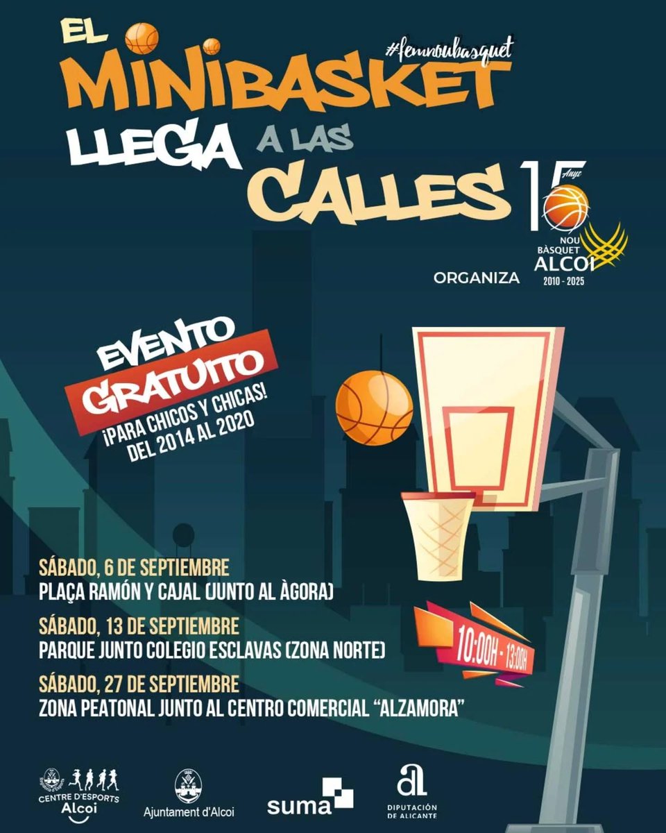 E𝐋 𝐌𝐈𝐍𝐈𝐁𝐀𝐒𝐐𝐔𝐄𝐓 𝐋𝐋𝐄𝐆𝐀 𝐀 𝐋𝐀𝐒 𝐂𝐀𝐋𝐋𝐄𝐒
Durante 3 sábados del mes de septiembre llevamos el  baloncesto a diferentes rincones de nuestra ciudad. 
¡El basket se vive también en la calle!
@centresportsalcoi
#FemNouBasquetAlcoi
#MinibasketEnLaCalle