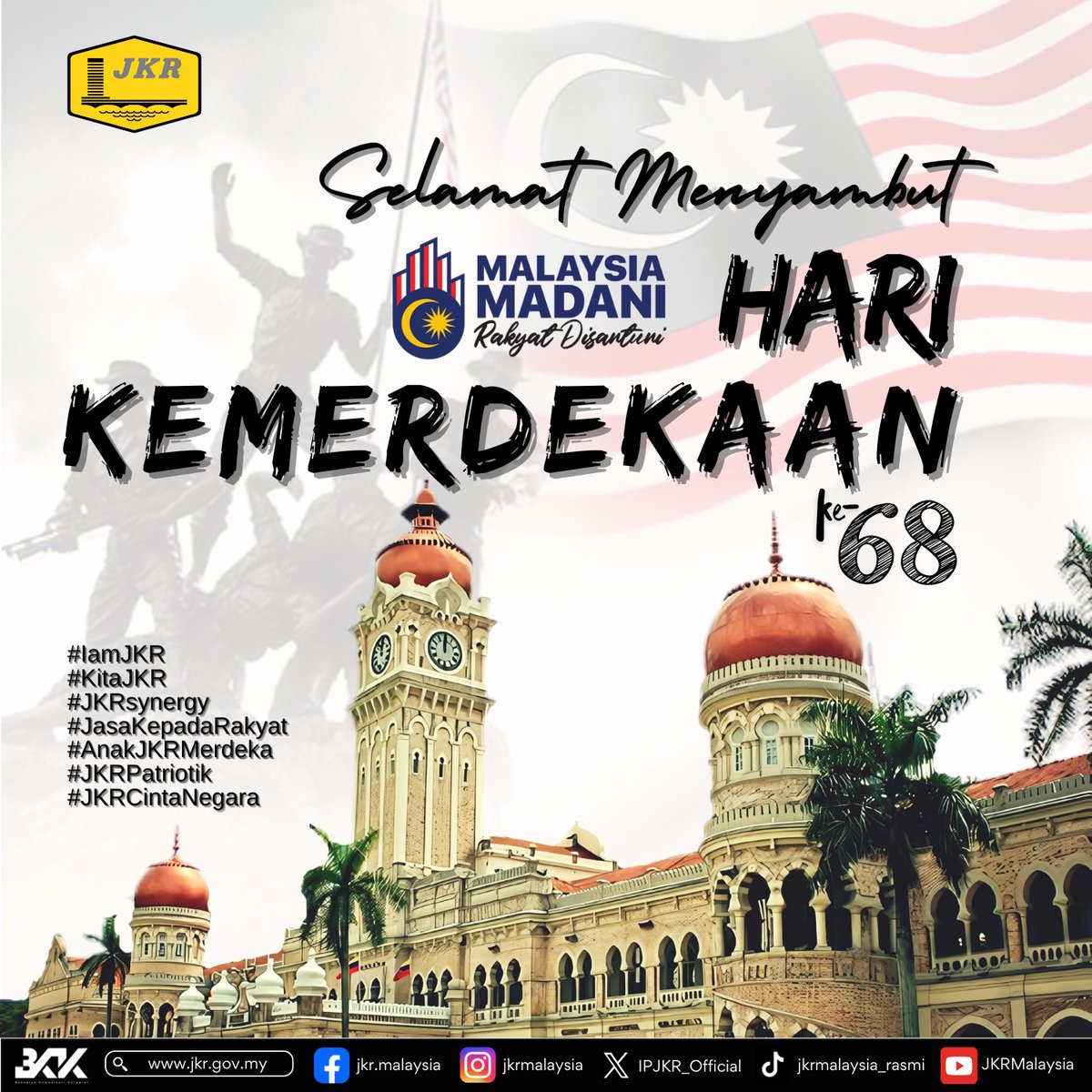 Kemerdekaan bukan sahaja membawa makna kebebasan, malah ia turut menuntut tanggungjawab besar agar legasi dan kejayaan yang dikecapi hari ini akan terus diwarisi. 

Jasa Kepada Rakyat terus menjadi pegangan JKR Malaysia, agar rakyat sentiasa disantuni dengan penuh ihsan,