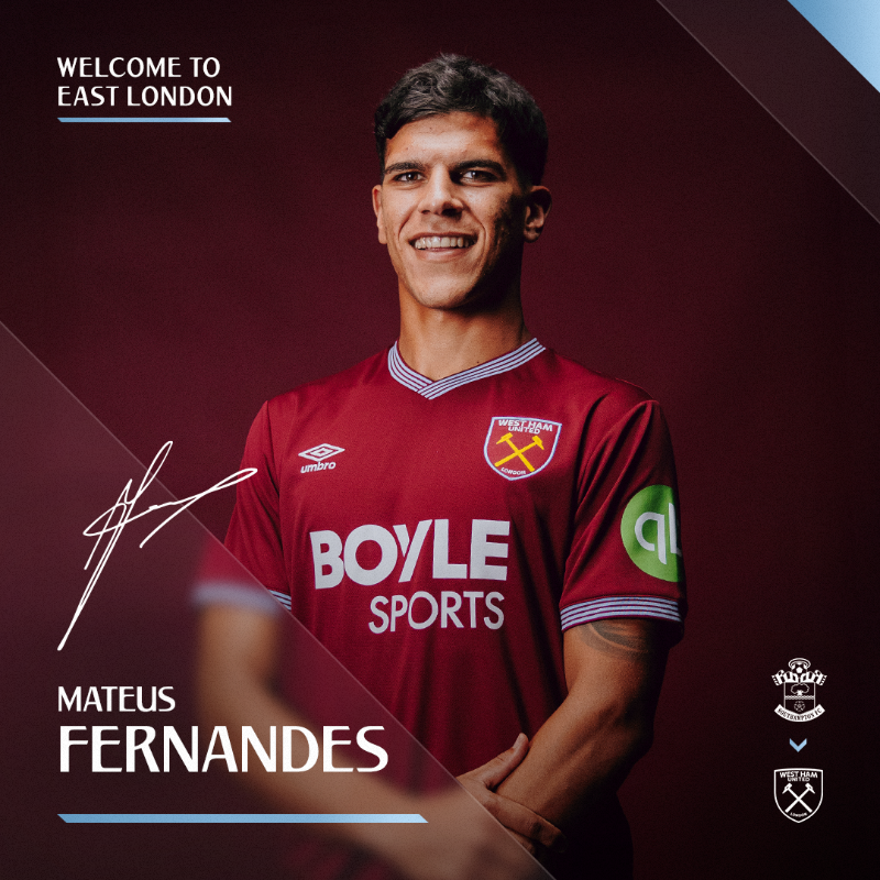 WestHam's tweet photo. West Ham United is delighted to announce the signing of Portuguese midfielder Mateus Fernandes ✍️