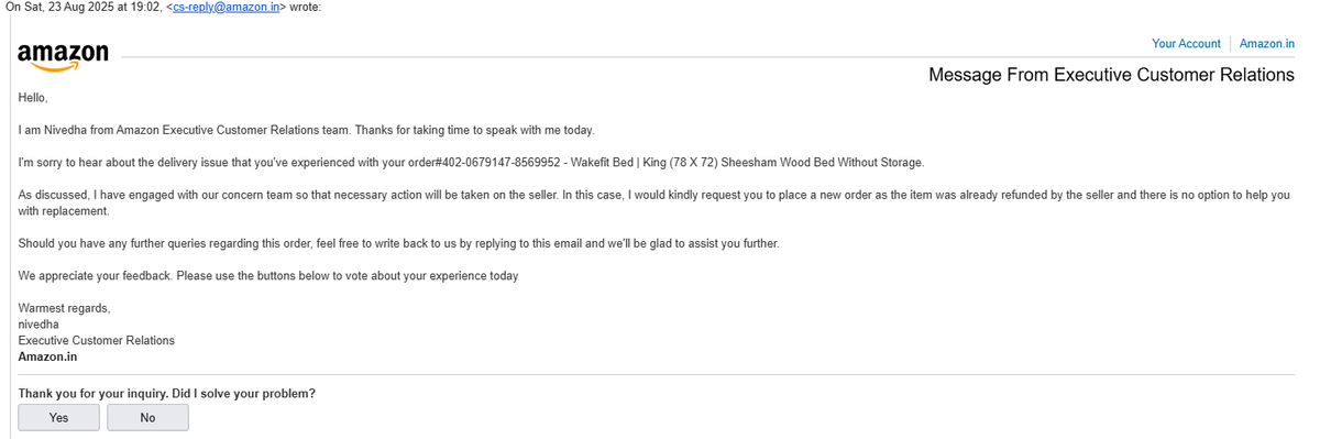 rasiksarkar1999's tweet photo. I ordered a Wakefit King Size Bed on @amazonIN on 12 July, discounted price an offer, delivery by 19 Aug.
On 21 Aug, Amazon &amp; @wakefitbeds cancelled my order, citing "technical glitch," 
Now told to re-order at a higher price after 40 days

@jagograhakjago @consaff @CNBC_Awaaz https://t.co/1Xje4CM4TP