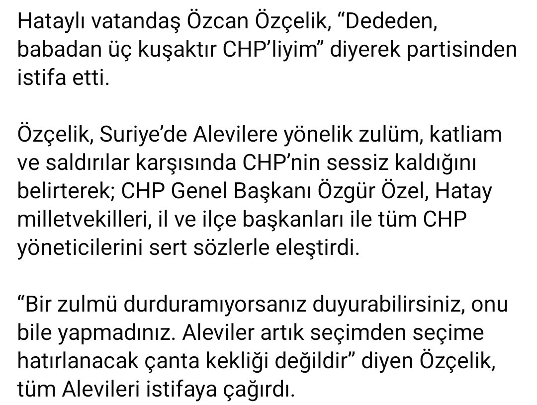 “‘Bir Zulmü Durduramıyorsanız Bari Duyurun’ Diyen Hataylı Özcan Özçelik, CHP’nin Alevilere Sırtını Döndüğünü Söyleyerek Partiden Ayrıldı”