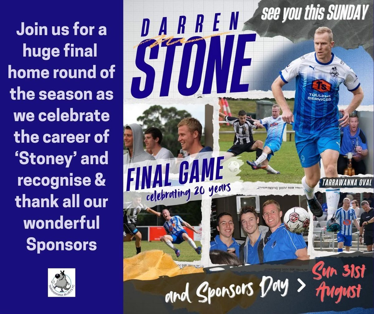 Our Blueys are back in action on SUNDAY in <a href="/FSC_Official/">Football South Coast</a> <a href="/FratClub2519/">The Fraternity Club</a> Premier League Round 22 action at Tarrawanna against Shellharbour.

IMPORTANTLY, it’s an official celebration saluting stalwart Darren Stone.

Get up to Tarra and cheer the boys on. YG 10:30, 2G 12:30, FG 2:30