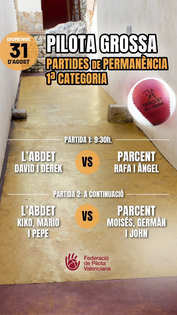 Este diumenge es juga la permanència en 1a categoria #pilotagrossa. A partir de les 9:30h al nostre #trinquet ⚾🏆 dos partides a vida o mort 👍🏻👎🏻 entre #Parcent i #Abdet. Va de bo!