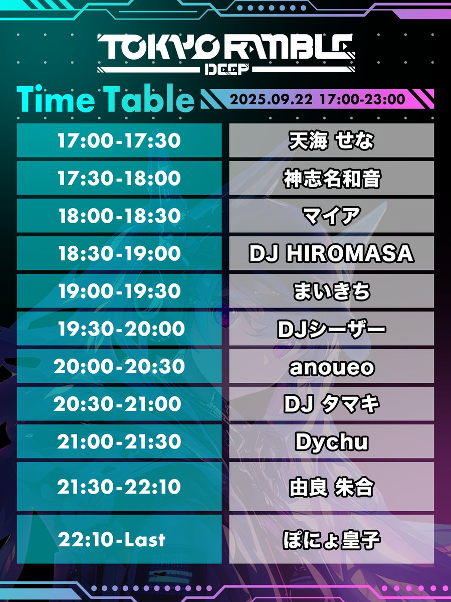 tokyo_ramble_x's tweet image. 【イベント情報公開】
TOKYO RAMBLE DEEP

2025年9月22日(月)
OPEN/START 17 : 00
CLOSE 23 : 00
@maharaja_ANNEX 

🎟️ADV TICKET：¥3000(＋1D)
※販売期間 8/29(金)21:00 - 9/19(金)23:59
t.livepocket.jp/e/tokyorambled…

🎟️DOOR：¥3500(＋1D)

#アニクラ #アニソンDJ #TOKYORAMBLE