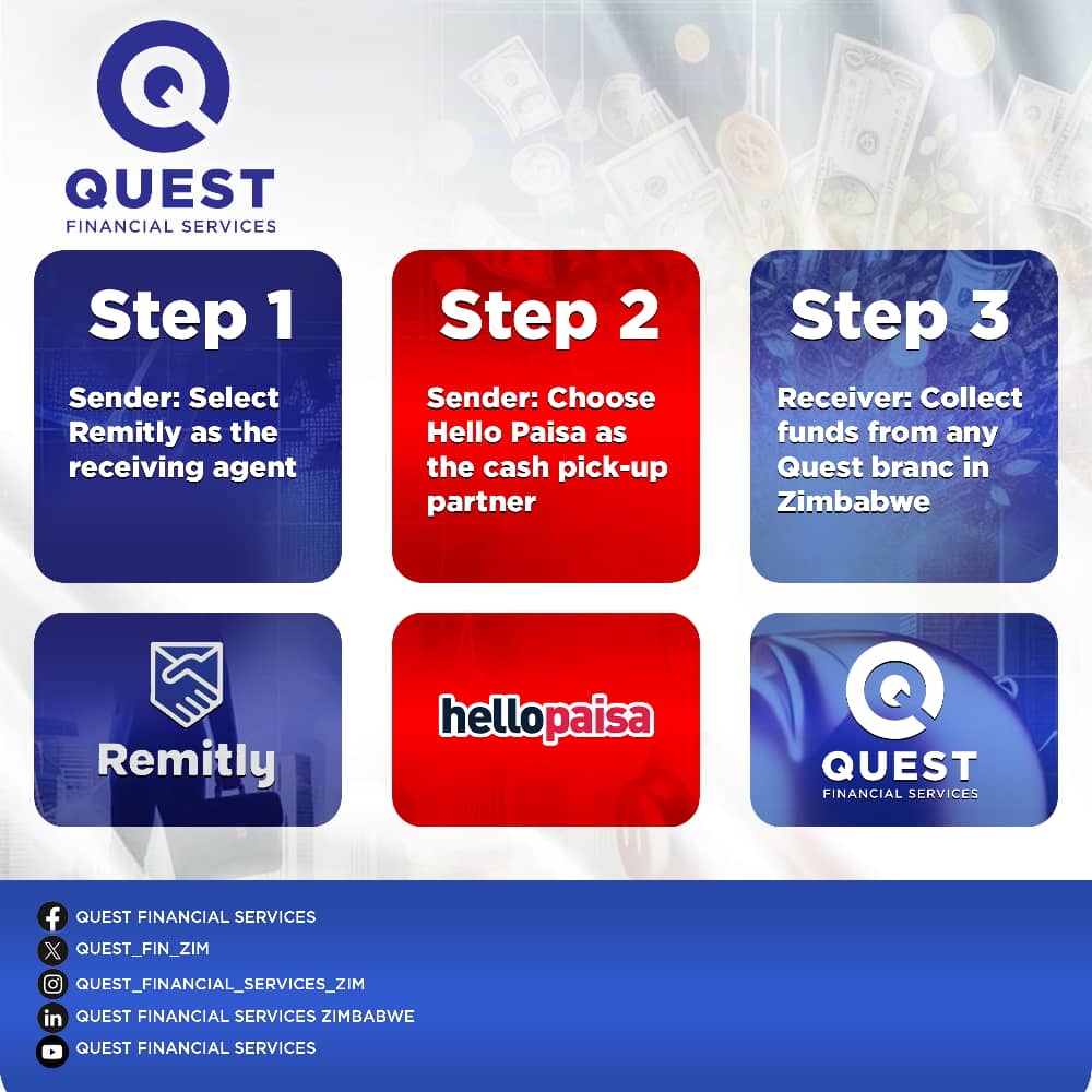 Quest_Fin_Zim's tweet photo. Get Your @remitly Payouts at @Quest_Fin_Zim 

Ask your sender to choose Hello Paisa as their cash pick-up partner, and you can get your funds at any Quest Financial Services branch in Zimbabwe!

Simply follow these steps!

QUEST FINANCIAL SERVICES - "YOUR WAY FORWARD!" https://t.co/80MUFlsfaw