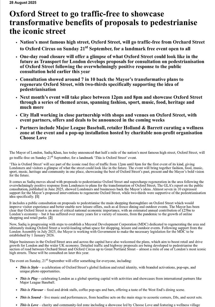 <a href="/MayorofLondon/">Mayor of London, Sadiq Khan</a> wants to test out pedestrianisation on Oxford Street. Notably, he picks a *Sunday* (not rush hour or weekday evenings) and again touts his poor consultation responses. He tastelessly described the consultation as achieving ‘North Korean’ support <a href="/westminstertory/">Westminster Matters</a>