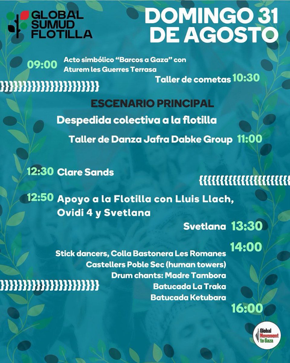 Seguiu a <a href="/MarchToGazaES/">GlobalMovementToGaza Spain</a>.
La Flotilla més gran organitzada a la història sortirà de Barcelona aquest diumenge. Més de 40 mobilitzacions a tot l'Estat. 🇯🇴🇯🇴🇯🇴
#GlobalMovementtoGaza
#GlobalSumudFlotilla
#endthesiege
#PalestinaLliure
#GazaGenocide‌ 
#FreePalestine
