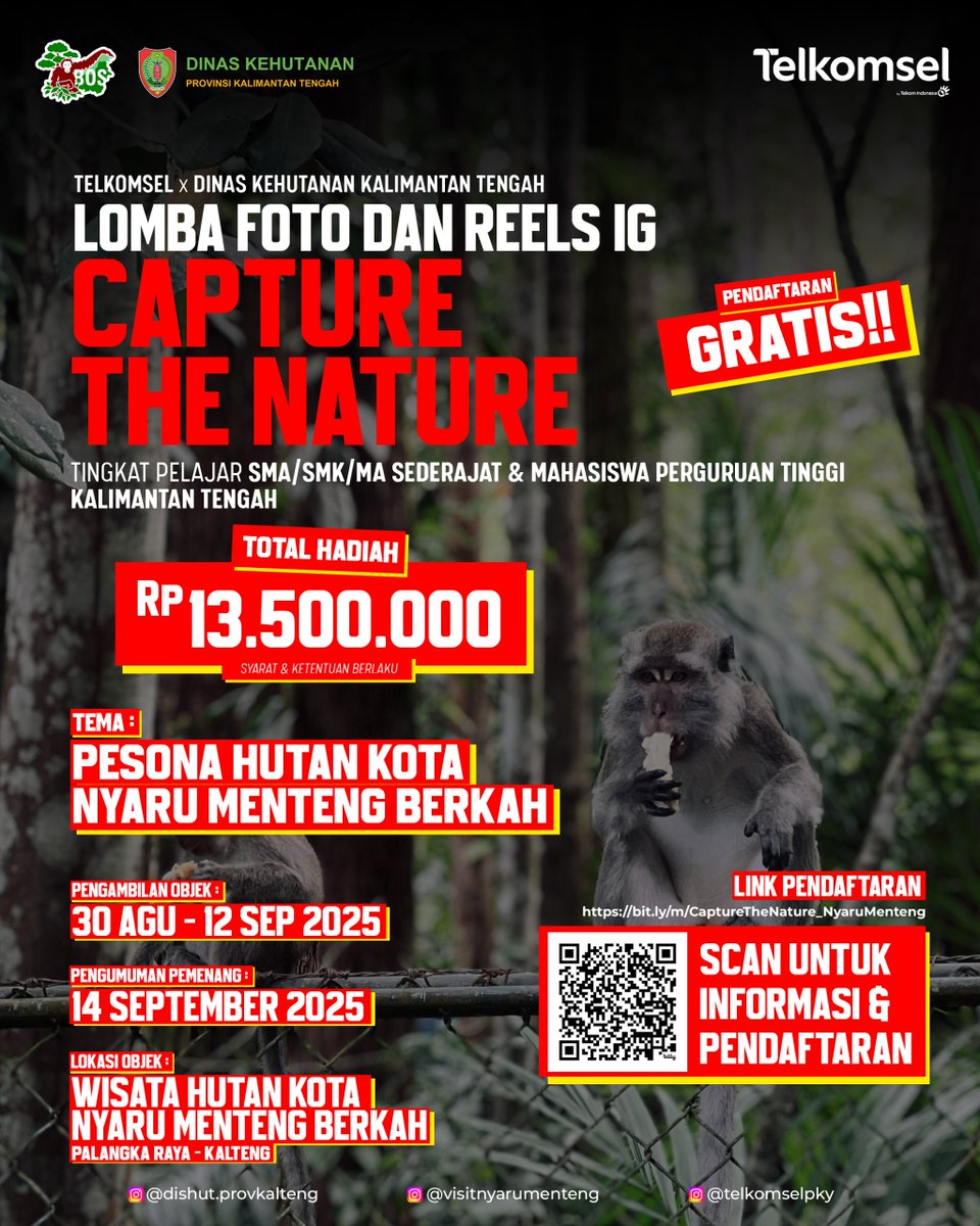DishutKalteng's tweet photo. 📸🌿 LOMBA FOTO & REELS IG “CAPTURE THE NATURE” 🌿📸
Kolaborasi Telkomsel x Dinas Kehutanan Provinsi Kalimantan Tengah
#CaptureTheNature #DishutKalteng #TelkomselKalteng #NyaruMentengBerkah #HutanLestari #KaltengBerkah #LombaFoto #LombaReels https://t.co/Xc6GERYcik