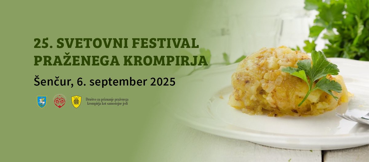 ObcinaSencur's tweet photo. 📢 Vabljeni na jubilejni 2️⃣5️⃣. Svetovni festival praženega krompirja, ki bo potekal 6.9.2025  v Šenčurju.
 
Na več kot 6️⃣0️⃣. stojnicah boste lahko okusili pražen krompir v vseh možnih različicah.
 
Več ℹ️ najdete ⤵️
https://t.co/n10rzCEijL
#krompir #festival #prazen #slovenia https://t.co/hmvxv79kDc