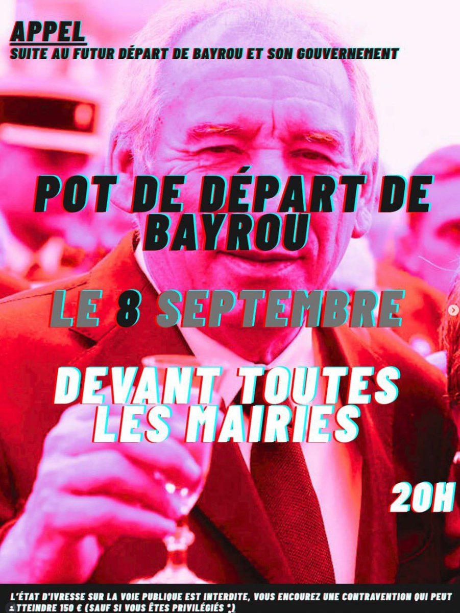 On s'organise pour le pot de départ de Bayrou le 8 septembre 🍾😉

Et le #10septembre2025, après l'apéro viendra le plat chaud 🍲

✊ Restons mobilisés, restons solidaires !
Vers la victoire, mais le combat sera long.

Rejoignez-nous : indignonsnous.fr
