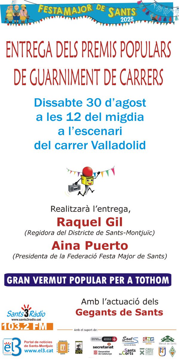 Veïnat de Sants, preparats per dissabte?

📢 Lliurament de Premis de la 25a Votació Popular de la #FestaMajor de #Sants?🏆

📍Dissabte 30 d'agost, 12 del migdia, al C/Valladolid.

Un reconeixement a la gran feinada de totes les comissions de festes de <a href="/FMSants/">Festa Major de Sants</a> 

Us hi esperem!👇