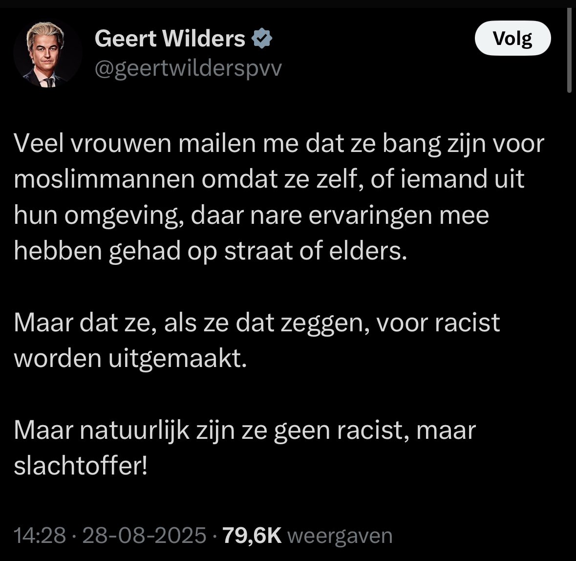 Veel vrouwen mailen me dat ze bang zijn voor PVV-mannen omdat ze zelf, of iemand uit hun omgeving, daar nare ervaringen mee hebben gehad op straat of elders.

Maar dat ze, als ze dat zeggen, voor heks worden uitgemaakt.

Maar natuurlijk zijn ze geen heks, maar slachtoffer!