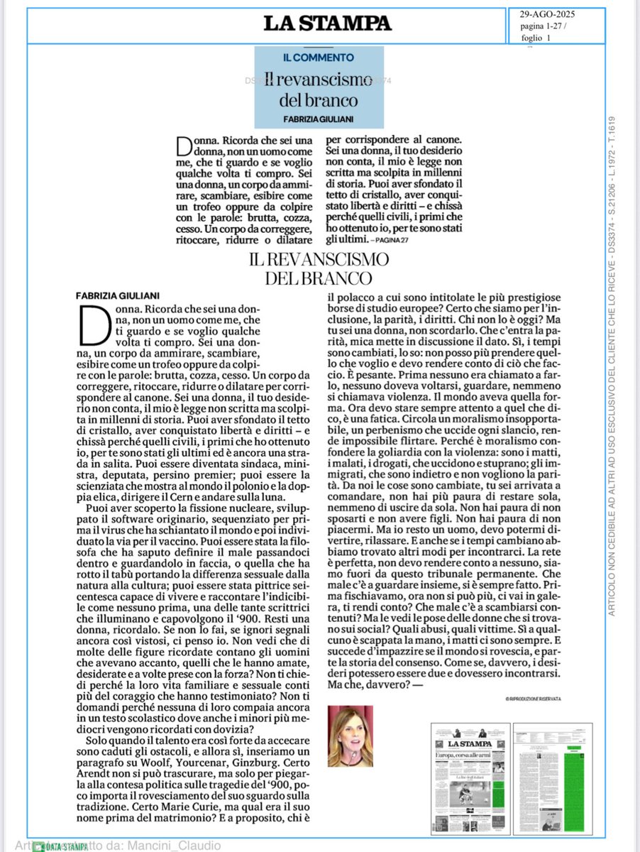 Da leggere oggi ⁦<a href="/FabriziaGiulian/">Fabrizia Giuliani</a>⁩ su ⁦<a href="/LaStampa/">La Stampa</a>⁩ ⁦<a href="/pdnetwork/">Partito Democratico 🇮🇹 🇪🇺</a>⁩ ⁦<a href="/DonnePd/">Conferenza Nazionale Donne Democratiche</a>⁩