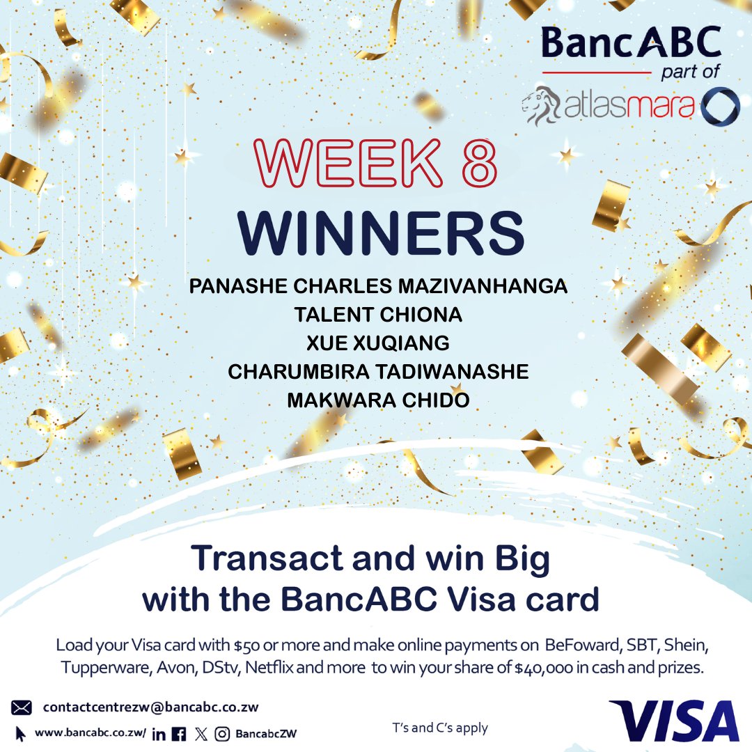 🥳 Shoutout to our @bancabczw @visa Stars!
You transacted. You conquered. You WON! 💳🏆

A huge round of applause to our Transact &amp; Win Visa Champions! 👏🔥

Make your payments using your Visa card — because next time, it could be YOU! 😉

#BancABCVisa
#VisaLoadAndWinWithBancABC