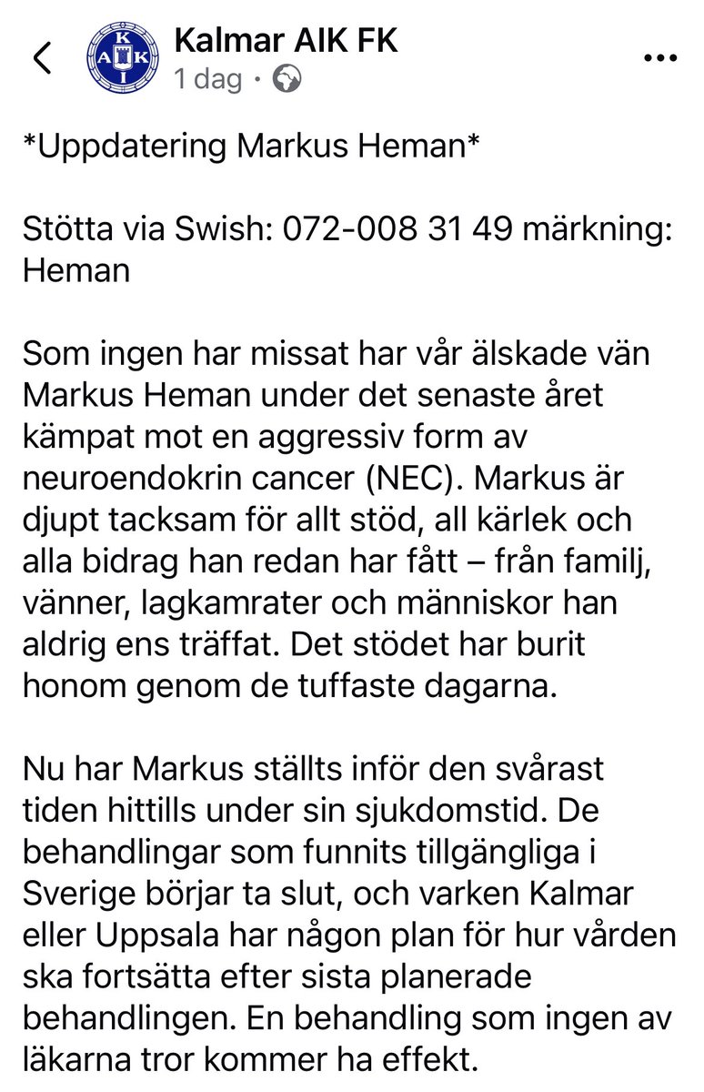 Avelssvin's tweet image. Kära supportersverige.

Oavsett lag så finns det mänskliga saker vi alla tillsammans står enade bakom.

Läs de delade texterna från Kalmar AIK FK och stötta Markus Heman i hans kamp ♥️

Swish: 072-008 31 49
Märk: Heman

#fuckcancer