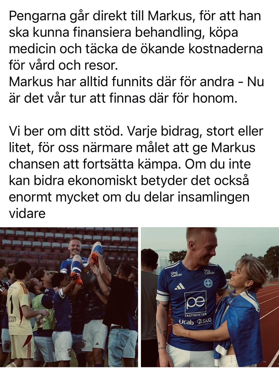 Kära supportersverige.

Oavsett lag så finns det mänskliga saker vi alla tillsammans står enade bakom.

Läs de delade texterna från Kalmar AIK FK och stötta Markus Heman i hans kamp ♥️

Swish: 072-008 31 49
Märk: Heman

#fuckcancer