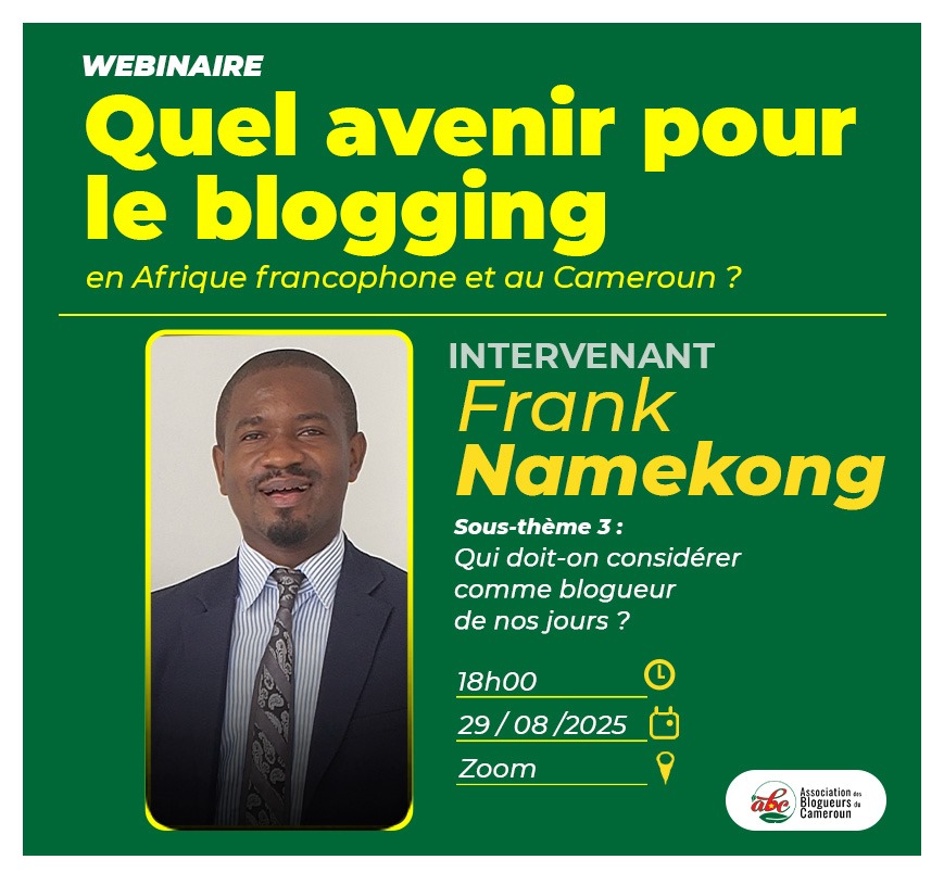 FrankpNamekong's tweet image. En prélude à la célébration de la journée mondiale du Blog, le 31 août, @BloggersCM organise ce vendredi 29. 08.2025, un Webinaire sous le thème «Quel avenir pour le blogging en Afrique francophone et au Cameroun?»

Lien👇🏾
us05web.zoom.us/launch/edl?mui…

#TendanceActu #BlogDay #Blogger