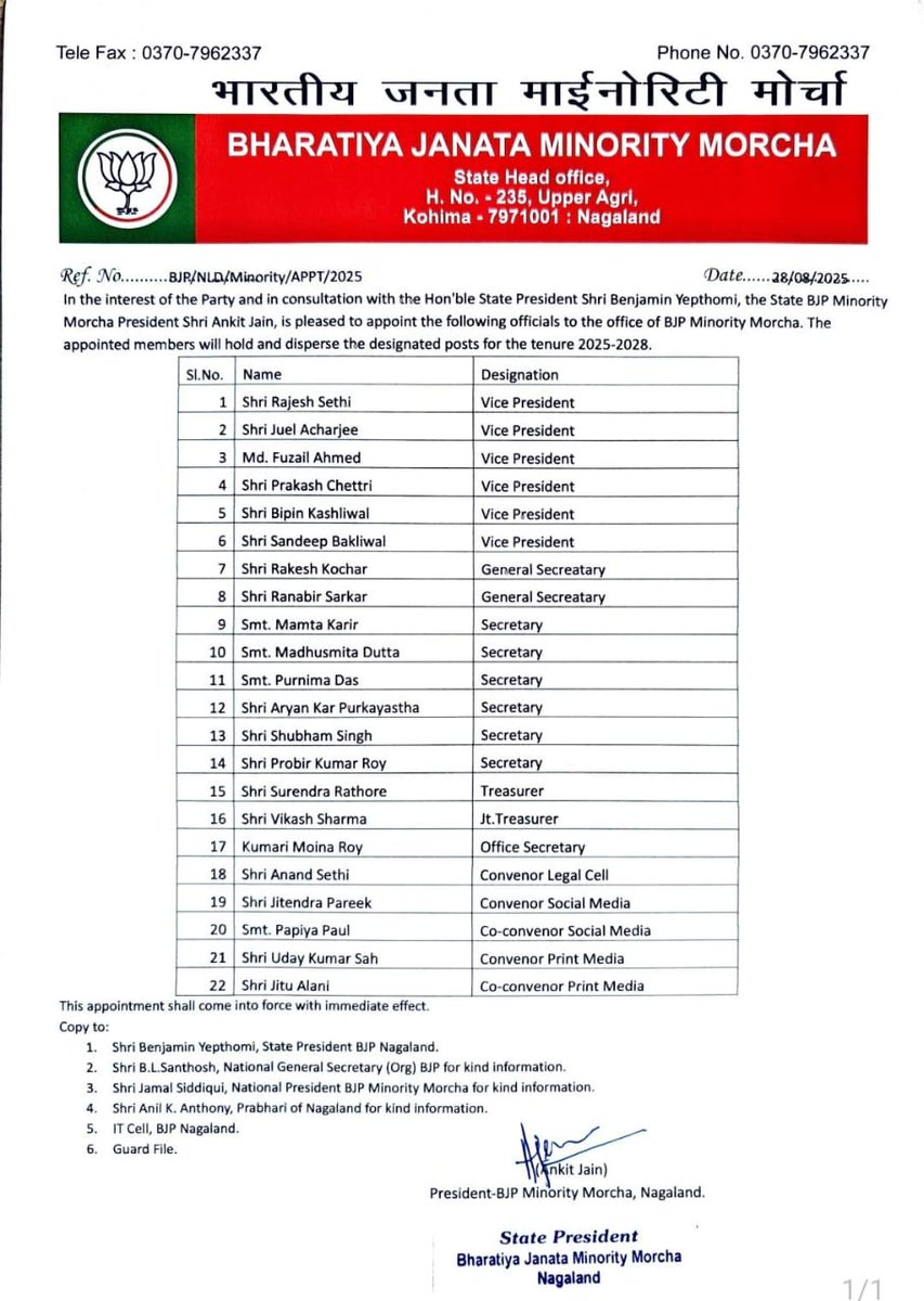 The BJP Nagaland warmly congratulates the newly elected office bearers of the BJP Minority Morcha, Nagaland. We extend our best wishes to the new team, led by Shri <a href="/Ankit4Minority/">Ankit Jain🇮🇳</a>.

​Under the guidance of our Hon'ble State President, Shri <a href="/YepthomiBen/">Benjamin Yepthomi</a>, we are confident that this