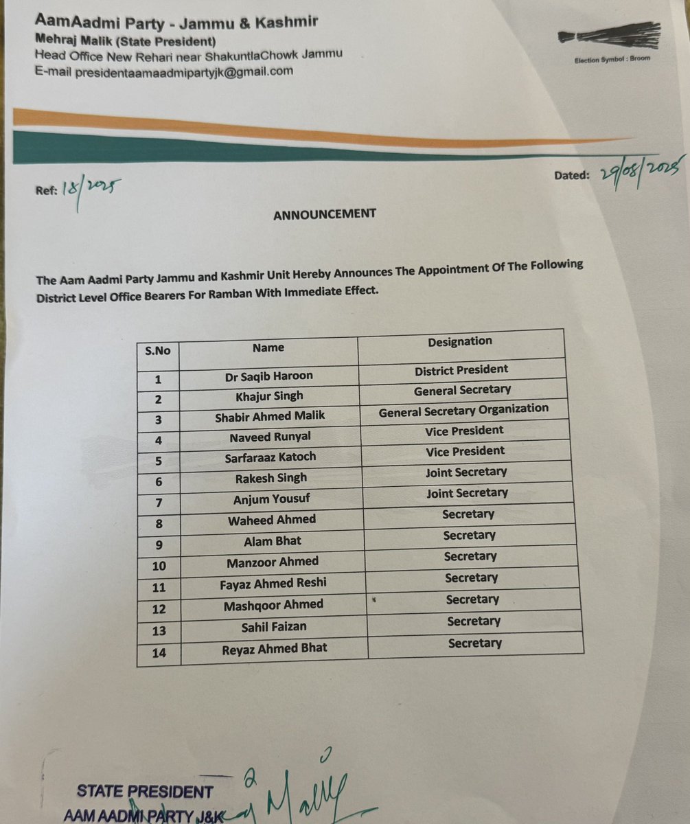 MehrajMalikAAP's tweet photo. Aam Aadmi Party J&amp;K announce following distt committees of Ramban, Baramulla and Anantnag with immediate effect. Preparations begin for Budgam 5th Oct https://t.co/cMnIJiDcdE
