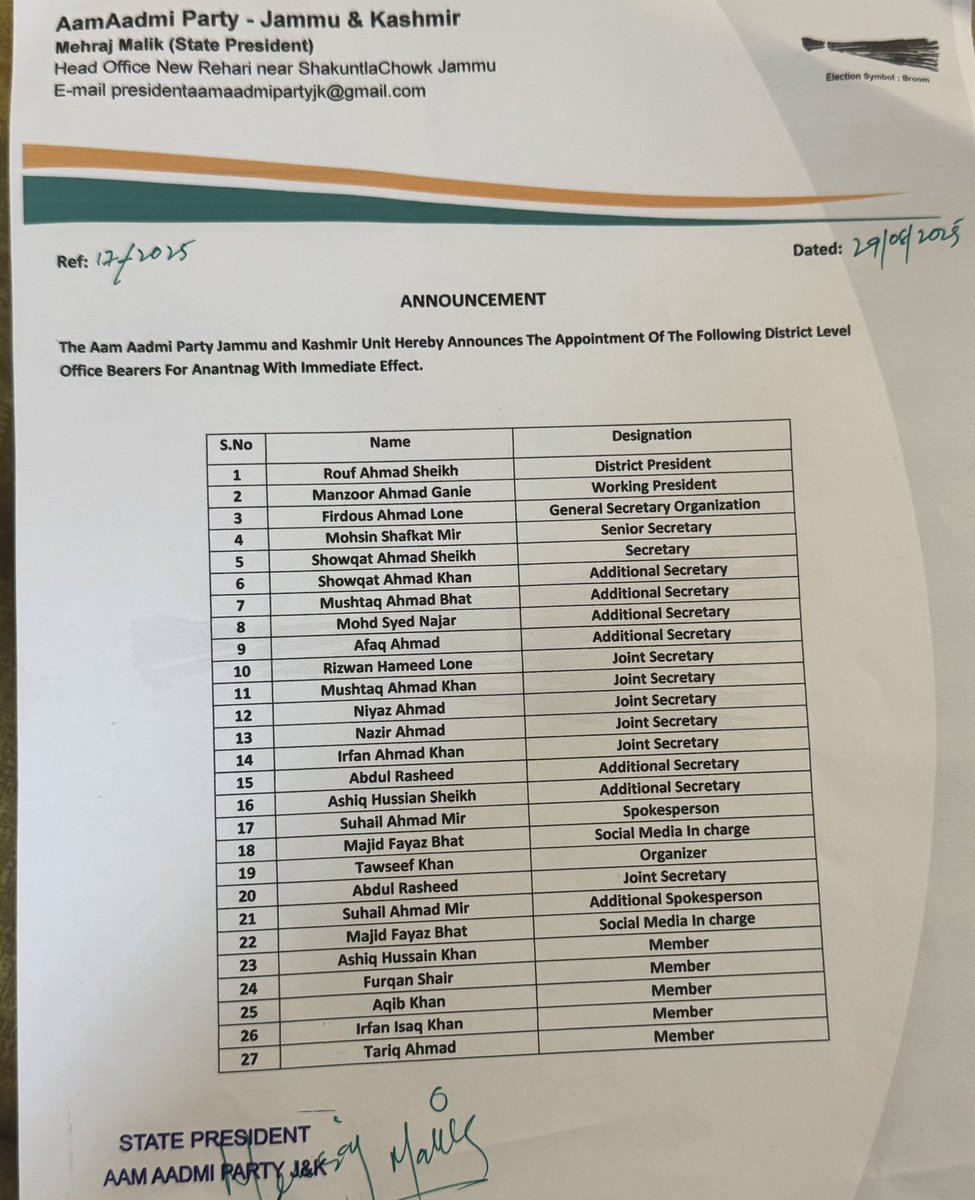 MehrajMalikAAP's tweet photo. Aam Aadmi Party J&amp;K announce following distt committees of Ramban, Baramulla and Anantnag with immediate effect. Preparations begin for Budgam 5th Oct https://t.co/cMnIJiDcdE