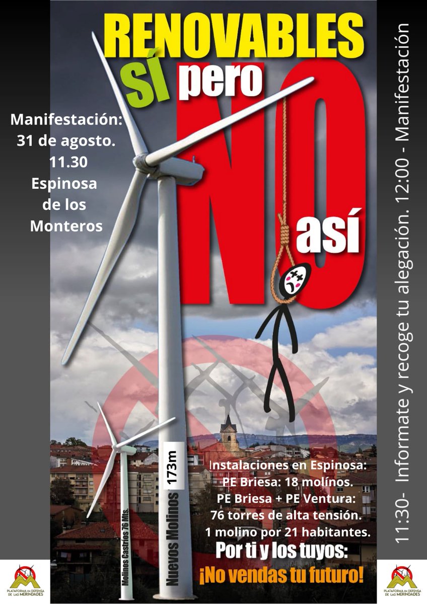MANIFESTACIÓN EN ESPINOSA DE LOS MONTEROS
31 de Agosto!! - 11:30h.
Espinosa de los Monteros
Plaza de Don Sancho

Recoge y entrega tu alegación para el proyecto BRIESA.
RENOVABLES SI!!! PERO NO ASÍ!!!