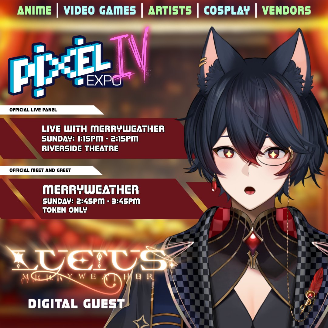 Pixel Expo (@mypixelexpo) on Twitter photo We are proud to announce <a href="/Merrydawg/">Lucius Merryweather ๐๏ธ๐ถ ASTRALINE</a> as our final guest for Pixel Expo: IV
Ask questions during his digital panel, or join the Meet and Greet in the VTuber Activation Space!
We're excited to welcome him back to Perth after attending <a href="/tokyoalleyperth/">๐ TM13 (3-4 MAY 2025) ๐ผ</a> earlier this year! ๐ We are proud to announce <a href="/Merrydawg/">Lucius Merryweather ๐๏ธ๐ถ ASTRALINE</a> as our final guest for Pixel Expo: IV
Ask questions during his digital panel, or join the Meet and Greet in the VTuber Activation Space!
We're excited to welcome him back to Perth after attending <a href="/tokyoalleyperth/">๐ TM13 (3-4 MAY 2025) ๐ผ</a> earlier this year! ๐