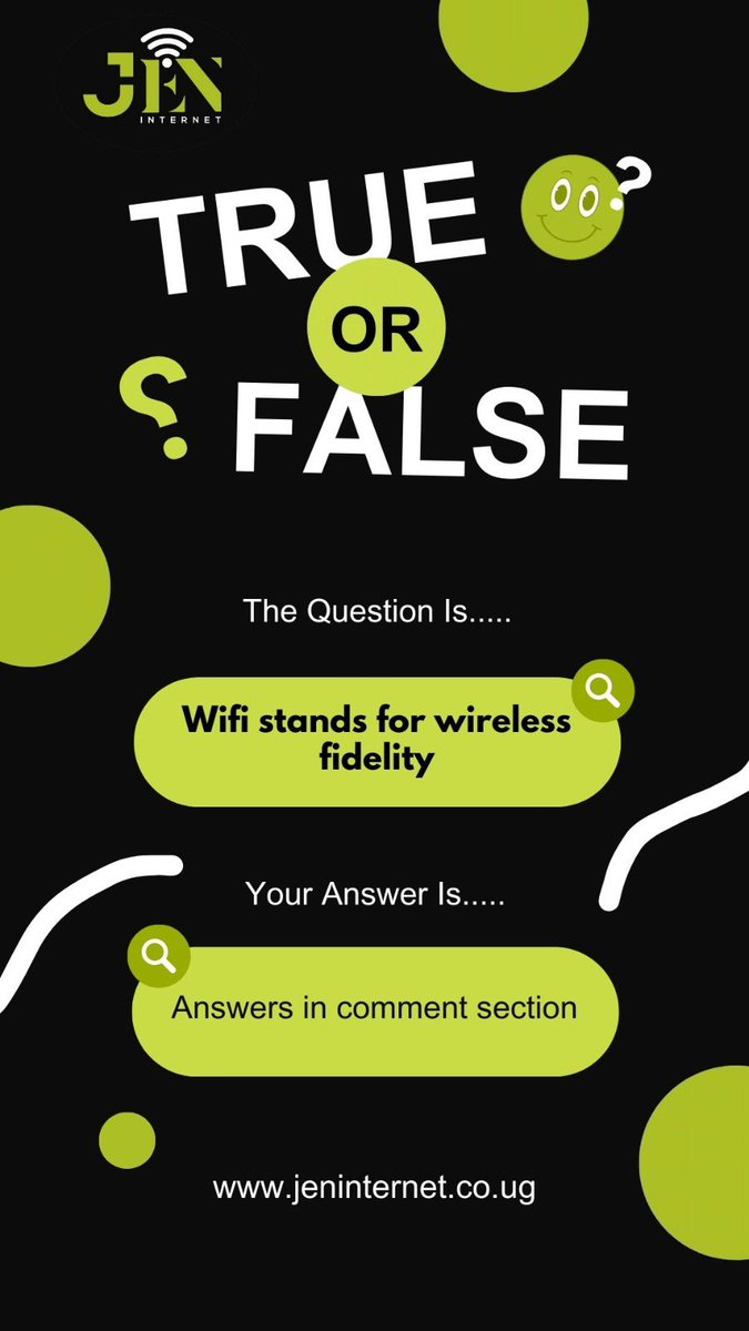 jenwifi_ug's tweet image. Think you’re an internet genius?😎
True or false: WiFi stands for wireless fidelity.
Type your answer in the comments ⬇️
#jeninternet 
👉jeninternet.co.ug