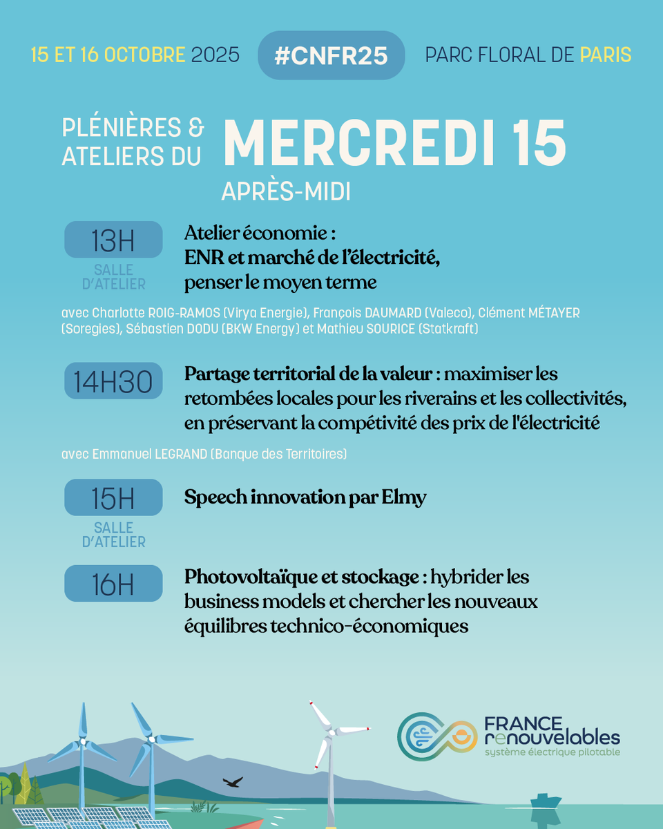 f_renouvelables's tweet image. [#CNFR25] Plus que 40 jours avant la 15ème édition du Colloque National de France Renouvelables ! #CNFR 🍃🌊☀️

📆 Rendez-vous les 15 &amp;amp; 16 octobre prochain au Parc Floral de Paris pour l'événement majeur des filières #éolienne et #photovoltaïque en France.