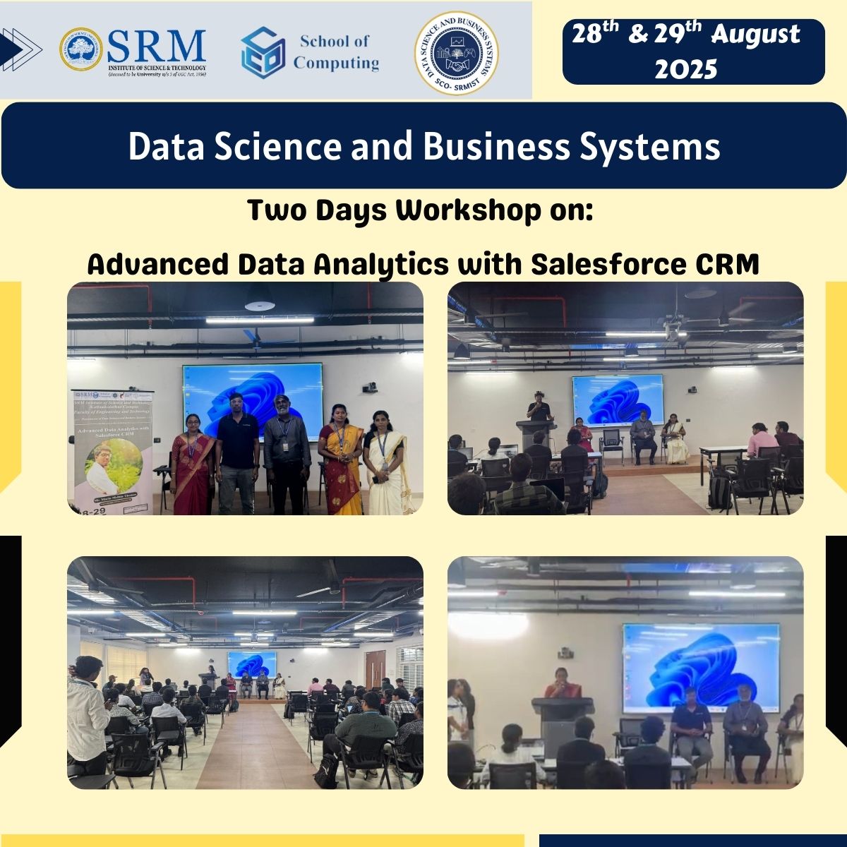 SoC_SRMIST's tweet image. Two-Day Workshop on Advanced Data Analytics with Salesforce CRM at SRMIST, Aug 28–29, 2025
- Mr. Maria Melbin Thomas, Project Manager @ Clarium Tech Pvt. Ltd., 
Academic learning with real-world CRM analytics.
👏 Kudos 
#SRMIST #SalesforceCRM #DataAnalytics #ClariumTech #DSBS