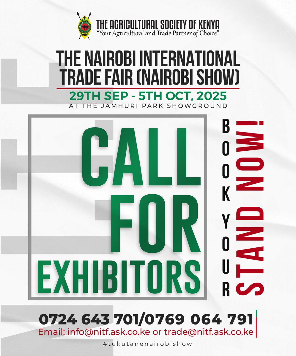 AgriSocietyOfKe's tweet photo. Want to elevate your business? Exhibit at the Nairobi International Trade Fair! 29th Sept - 5th Oct. Maximum exposure, maximum connections. 
#NITF #TradeNotRaid #Exhibition #Kenya https://t.co/tcfKPnUi4I
