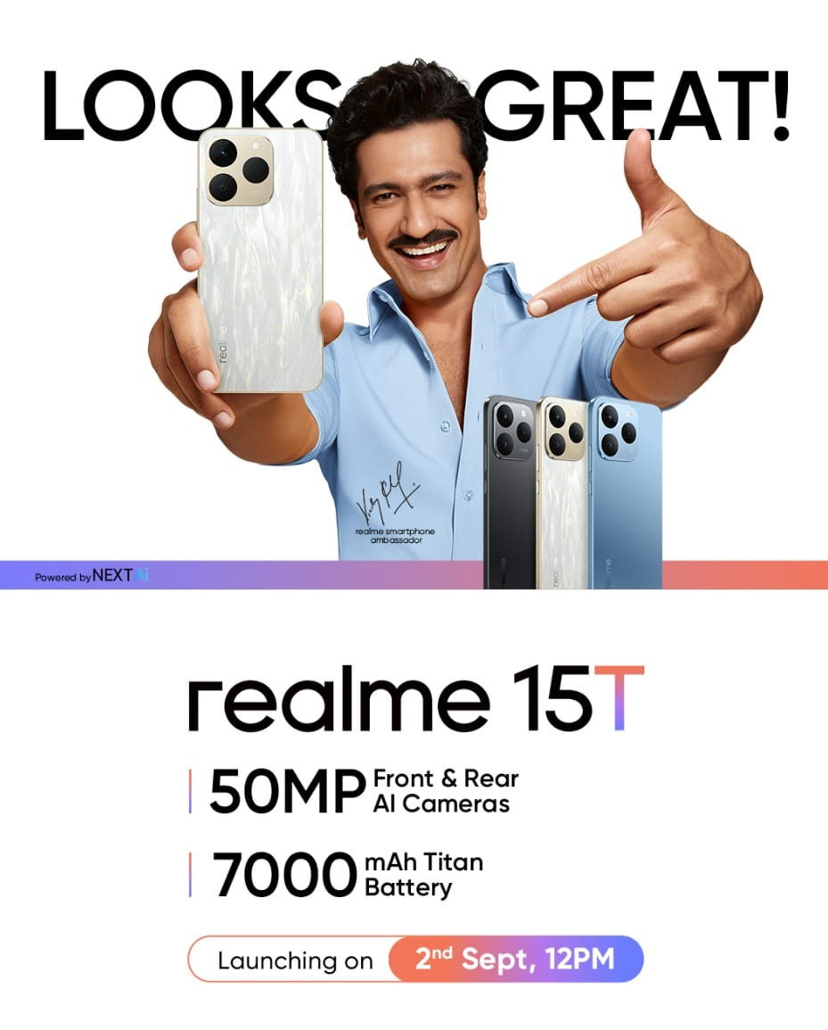 Looking for a phone that looks great with a premium, Apple-style design? The realme 15T is here! It launches on September 2nd at 12:00 PM and will be available in 3 stunning color variants. The best of both worlds is coming! #realme15TOn2ndSep