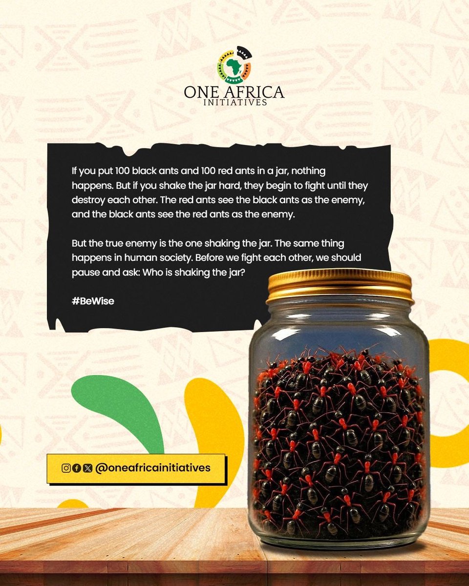 OneAfricaInit's tweet photo. Who is shaking the jar?

#BeWise #WeekendReflection #FoodForThought #ChoosePeace #StayUnited #ThinkDeep #LifeLessons https://t.co/CRfDsJFHzn