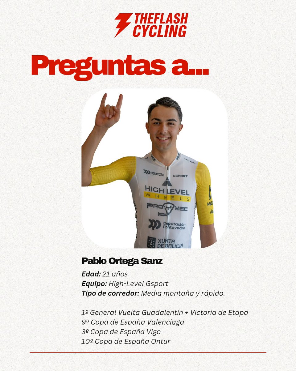 TheFlashCycling's tweet image. 🔴 PREGUNTAMOS A… Pablo Ortega 🔴
Corredor del @GsportTeam 🚴‍♂️💨

Especialista en media montaña y rápido en grupos reducidos. Este año debutó como profesional con la Selección 🇪🇸 en la Vuelta a Asturias.

Un talento en crecimiento con mucha proyección 🚀
¿Hasta dónde llegará? 🔥