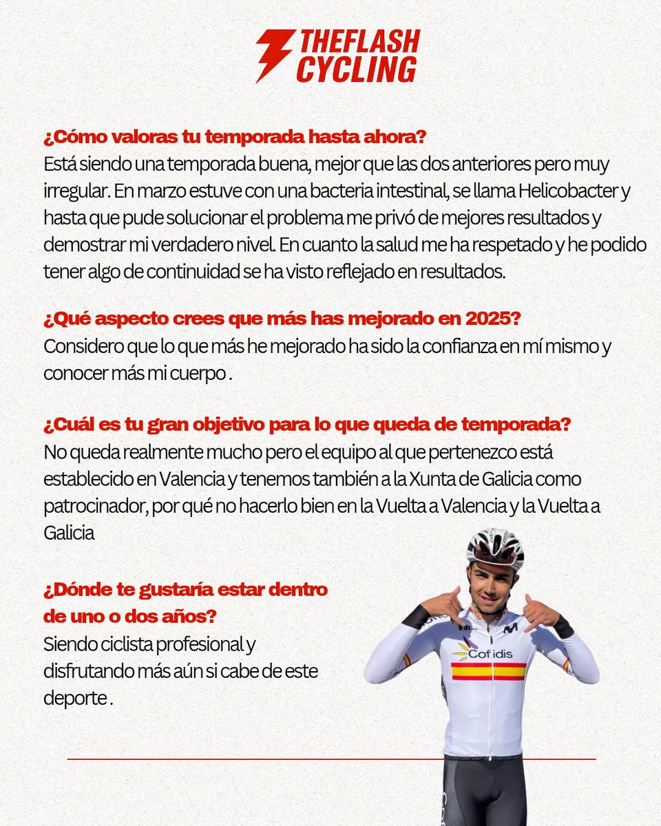 TheFlashCycling's tweet image. 🔴 PREGUNTAMOS A… Pablo Ortega 🔴
Corredor del @GsportTeam 🚴‍♂️💨

Especialista en media montaña y rápido en grupos reducidos. Este año debutó como profesional con la Selección 🇪🇸 en la Vuelta a Asturias.

Un talento en crecimiento con mucha proyección 🚀
¿Hasta dónde llegará? 🔥